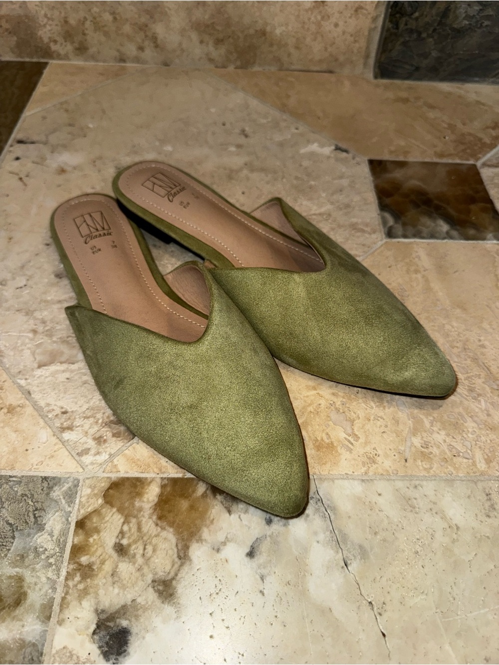 MY Classic Olive Green Pointed Toe Mules Women’s Size 7 Slip On Flats